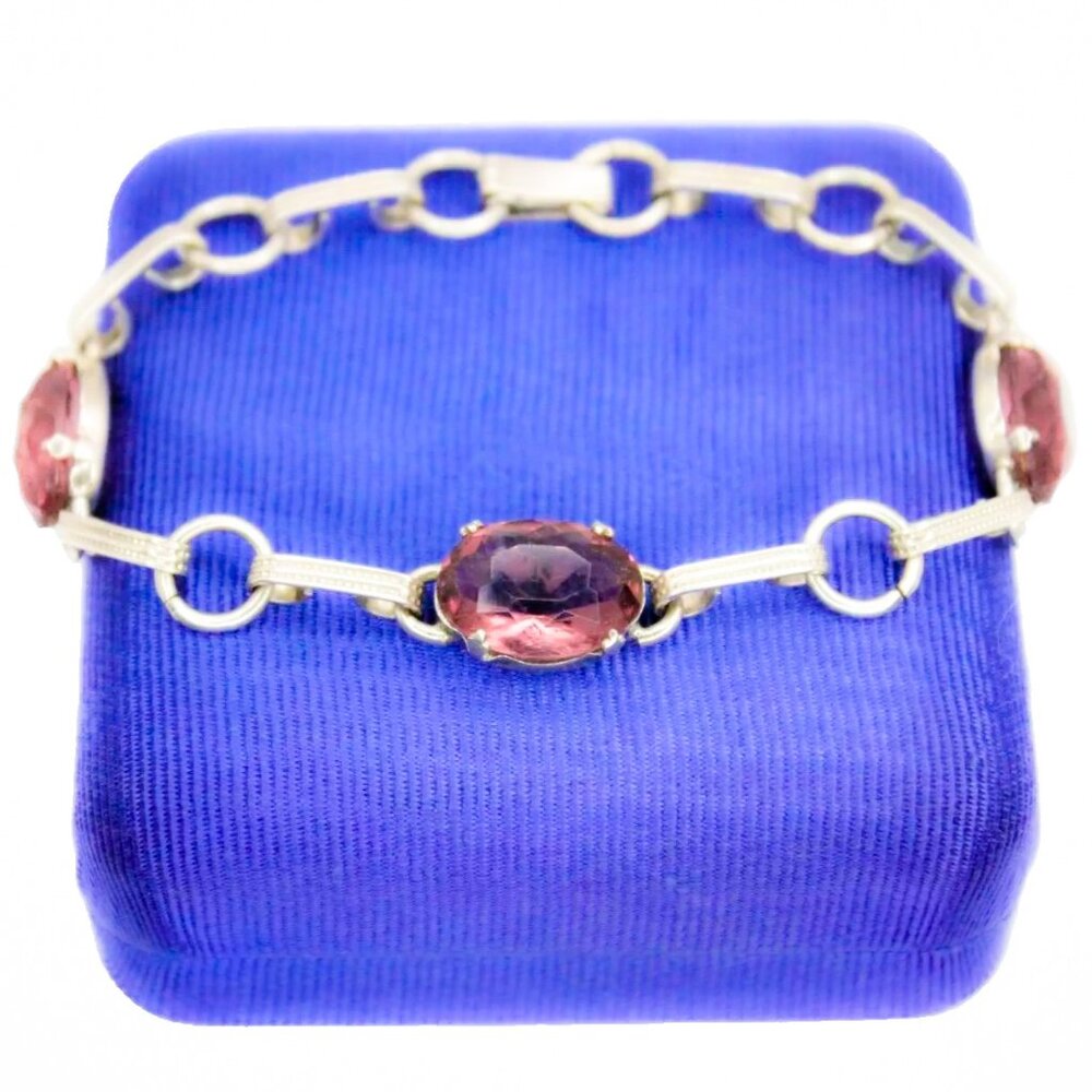 Vintage Art Deco Sterling Silver Purple Crystal Faceted Link Panel Bracelet 7"